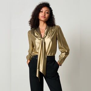 LILYSHEENA™ Sophisticated Bow Tie Golden Bronze Silk Blouse NWT